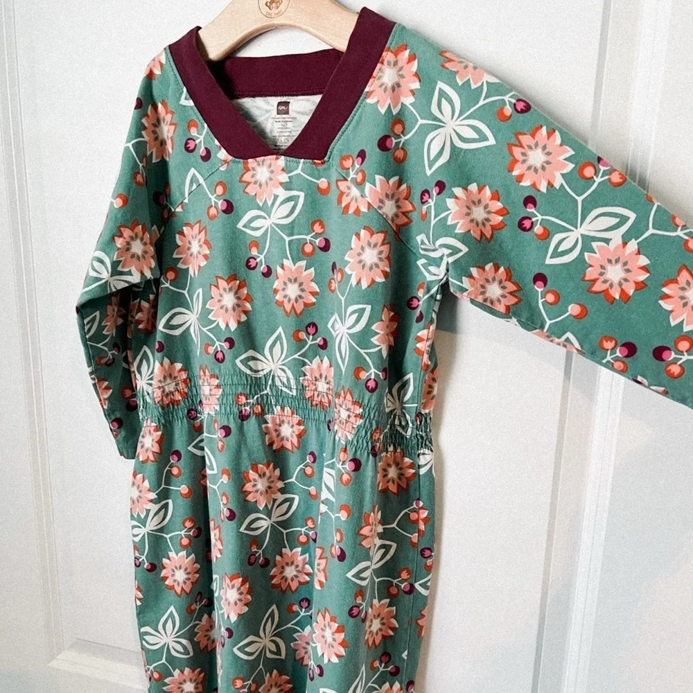 Tea Collection girls' multi-color floral maroon trim long-sleeve dress